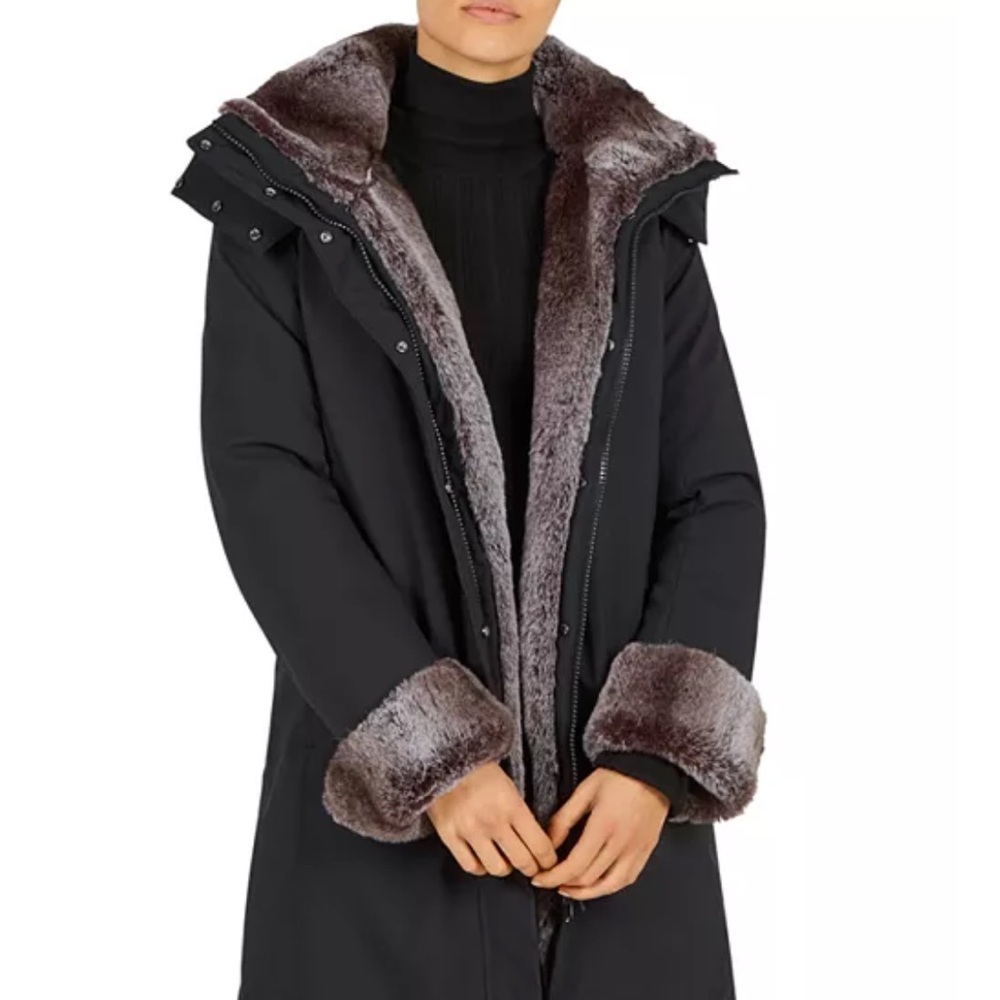 SAVE THE DUCK Black Puffer Coat with Gray Faux Fur size M SAMANTAH